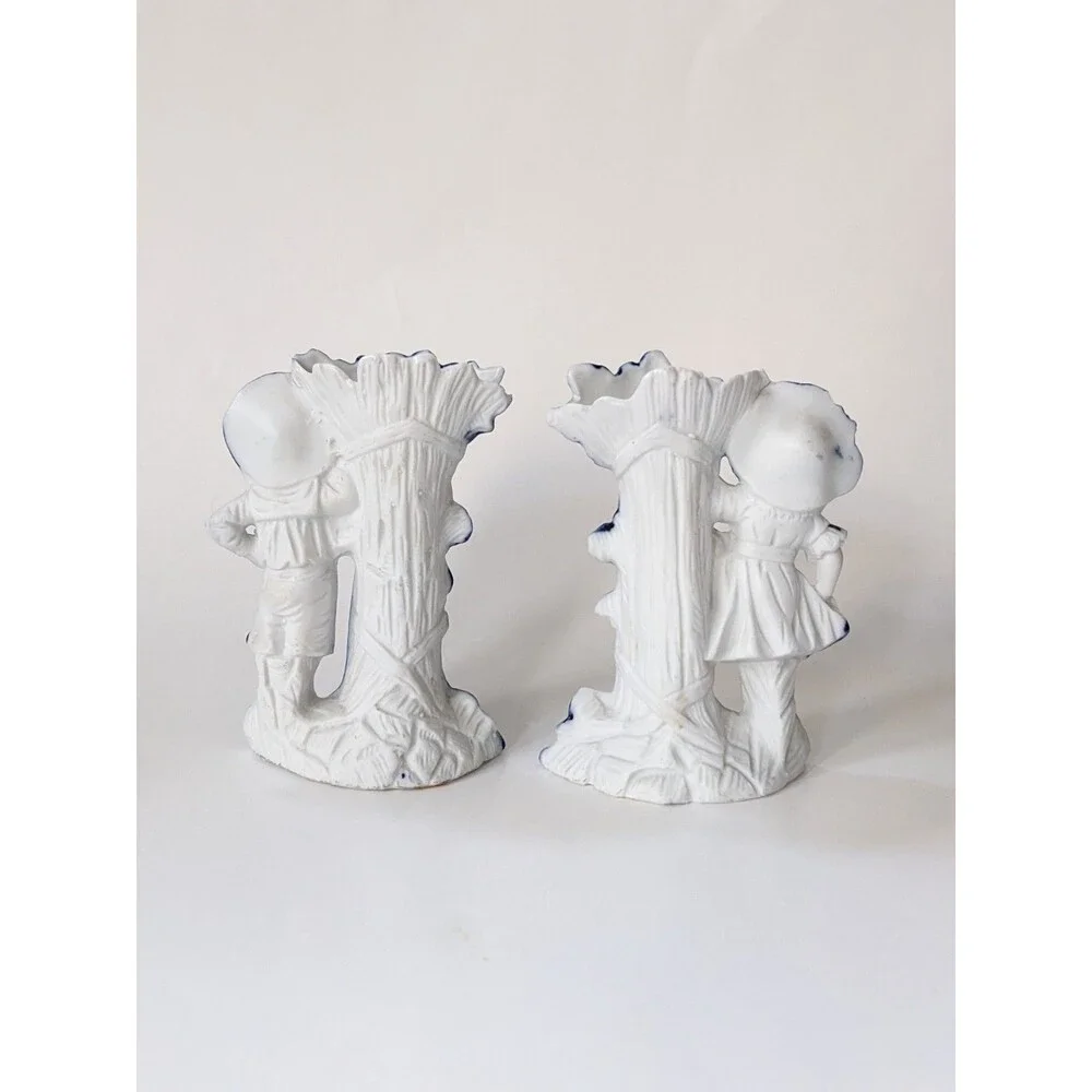 Antique German Mantel Vases Pair Boy Girl Blue White Porcelain Figurines‎ c1900